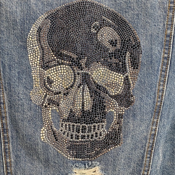 Hipchik Couture Skull Crystal Distressed Blue Denim Jacket Cotton Casual Size M - Picture 9 of 12